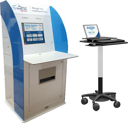 My Healthevet Express Kiosks — a sit-down model (left) and a mobile desktop (right).