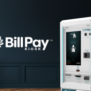 An outdoor model of the BillPay Kiosk in an office setting with the logo on the left.
