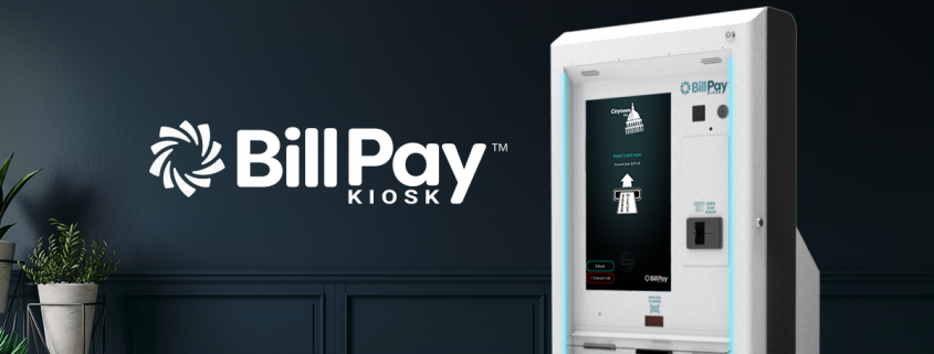 An outdoor model of the BillPay Kiosk in an office setting with the logo on the left.