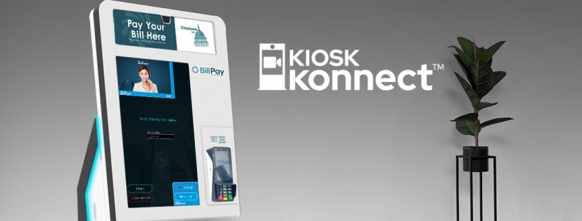 A BillPay Kiosk with Kiosk Konnect on the screen. Background is a simple office setting.