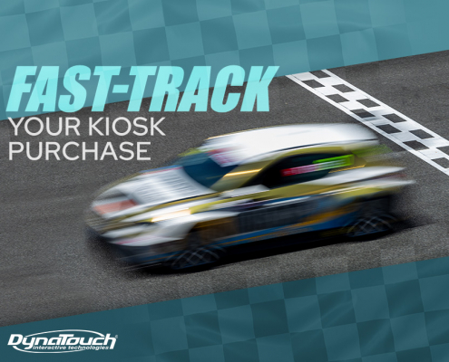 A race car crossing the finish line: "Fast-track your kiosk purchase!"