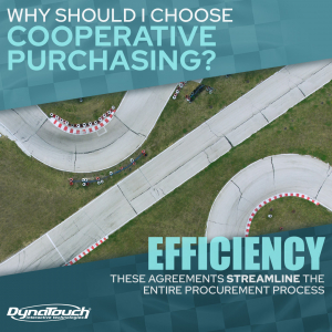 An arial view of a racetrack with curves and a straight-away, asking: "Why should I choose Cooperative Purchasing?"